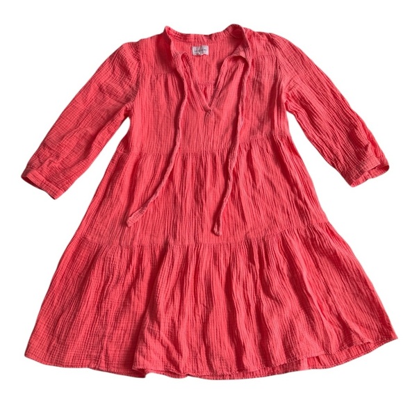 Honorine Giselle Ruffled Tiered Gauze Cotton Mini Dress Small S Neon Coral - Picture 2 of 9